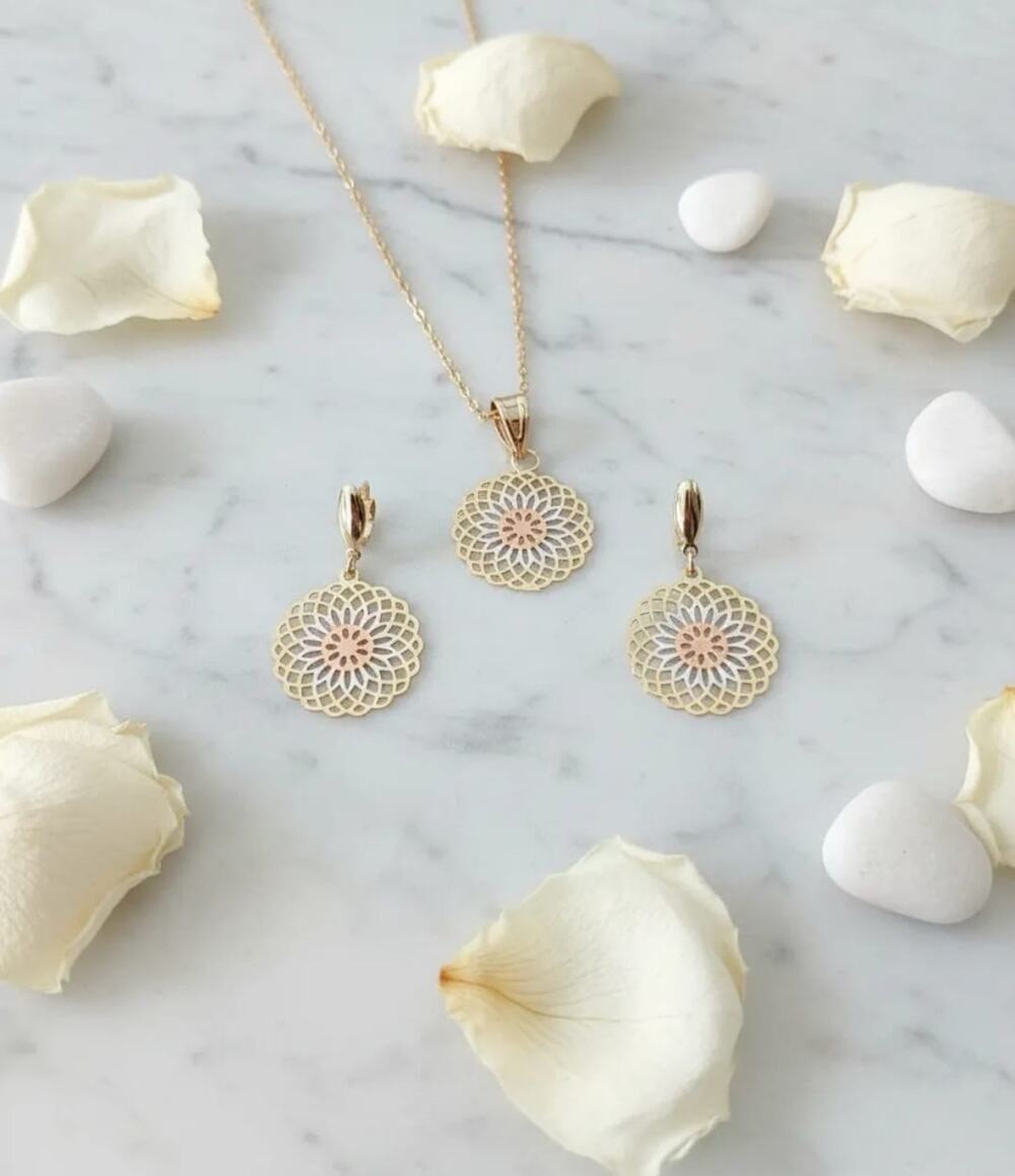 Golden Time 18K Gold Plated Tri-Color Mandala Flower of Life Earrings & Pendant